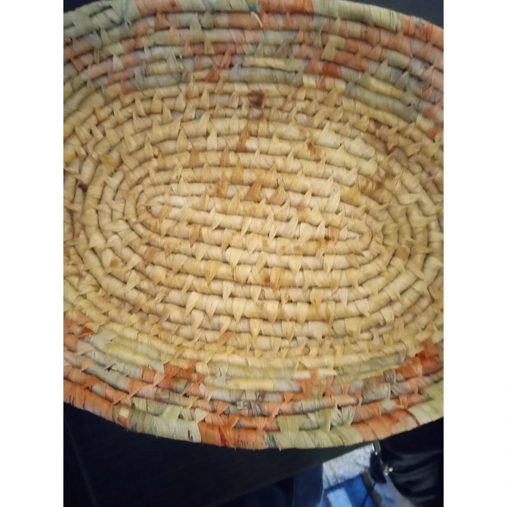 Woven Straw Oval Basket with‎ Handles Natural Orange Green Boho Decor